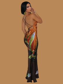  SUNSET BLOOM SATIN MAXI DRESS BROWN