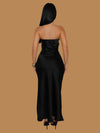 STRAPLESS SATIN MIDI DRESS