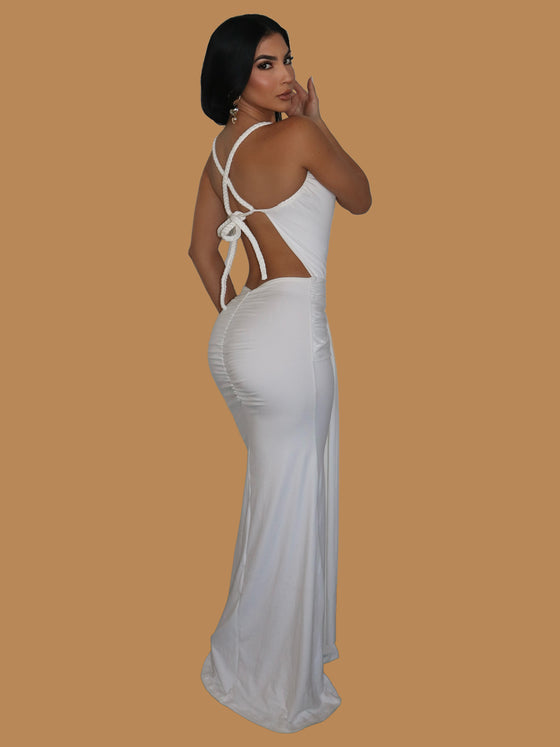 BRAIDED STRAP PLUNGE MAXI DRESS WHITE