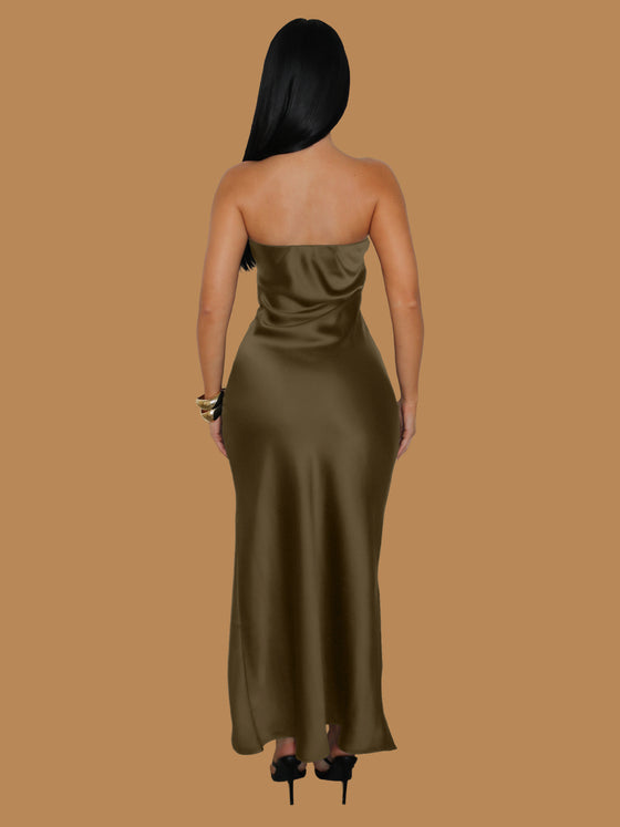 STRAPLESS SATIN MIDI DRESS OLIVE