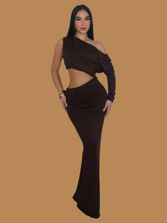 ASYMMETRICAL RUCHED MAXI DRESS