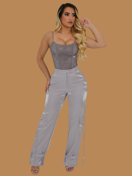 GREY SATIN CARGO PANT