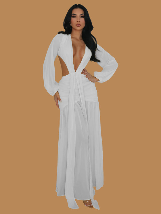 GOLDEN GIRL PLUNGE MAXI DRESS WHITE