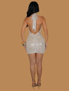 METALLIC OPEN BACK RUCHED DRESS
