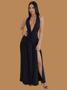  SCULPTING DEEP V NECK RUCHED MAXI DRESS