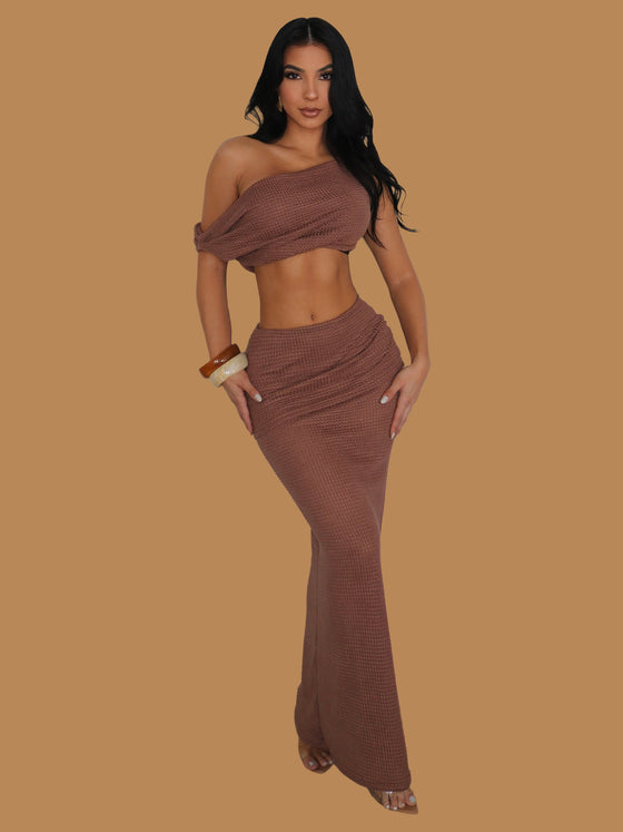 ASYMMETRICAL CROCHET MAXI SKIRT SET BROWN