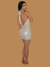 METALLIC OPEN BACK RUCHED DRESS