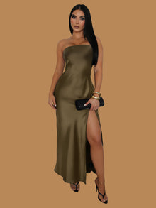  STRAPLESS SATIN MIDI DRESS OLIVE