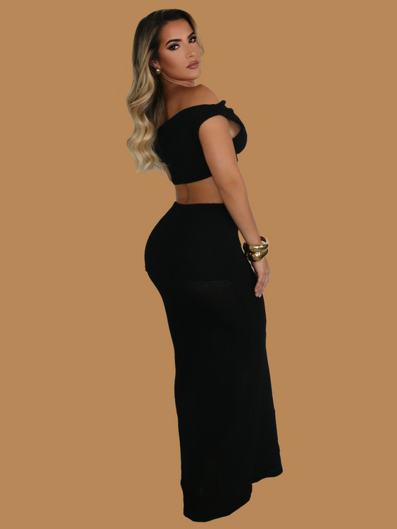 ASYMMETRICAL CROCHET MAXI SKIRT SET BLACK