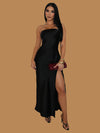 STRAPLESS SATIN MIDI DRESS