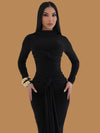 HIGH NECK CLASSY LONG SLEEVE KNOTTED MAXI DRESS