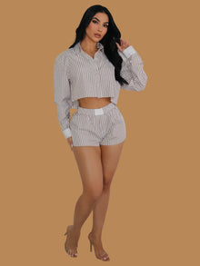  STRIPED BUTTON UP CROP TOP AND SHORT SET