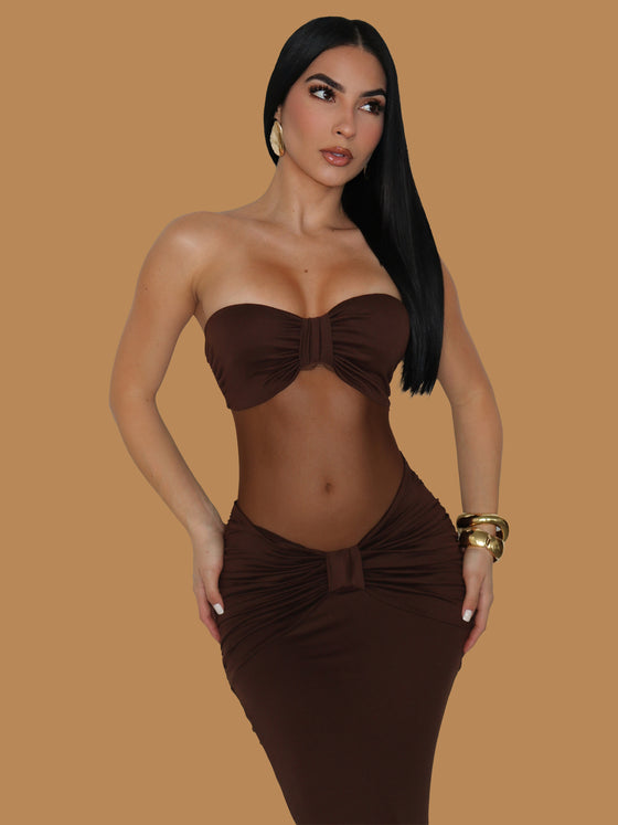 MOCHA MIRAGE STRAPLESS MAXI DRESS