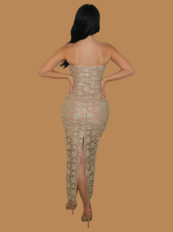 CHAMPAGNE GOLD LACE MAXI DRESS