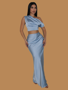  BABY BLUE SATIN MAXI SKIRT SET