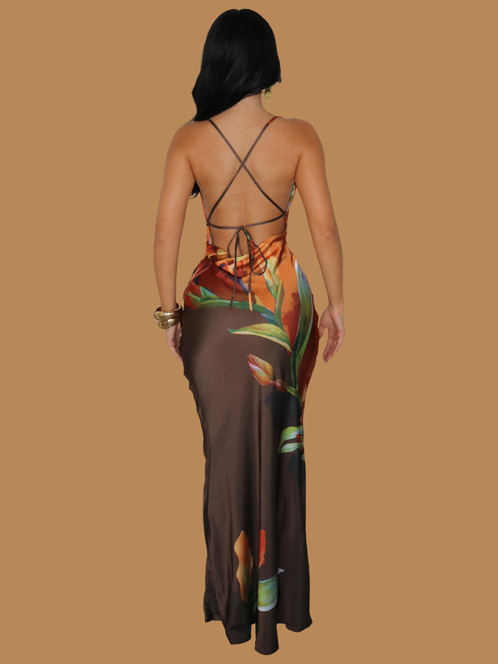 SUNSET BLOOM SATIN MAXI DRESS BROWN