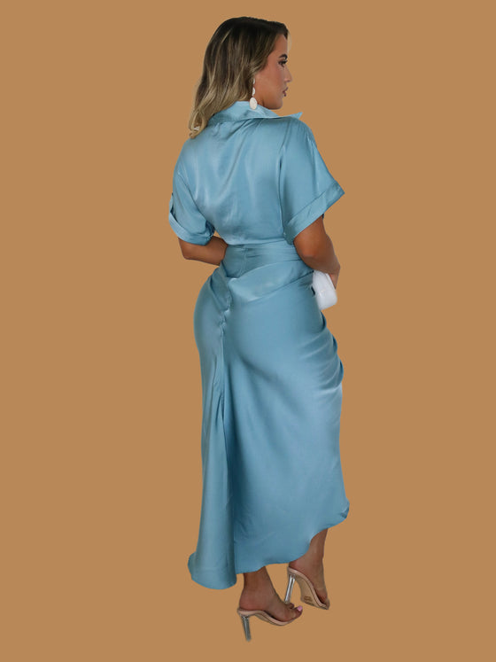 GLAM SATIN WRAP DRESS