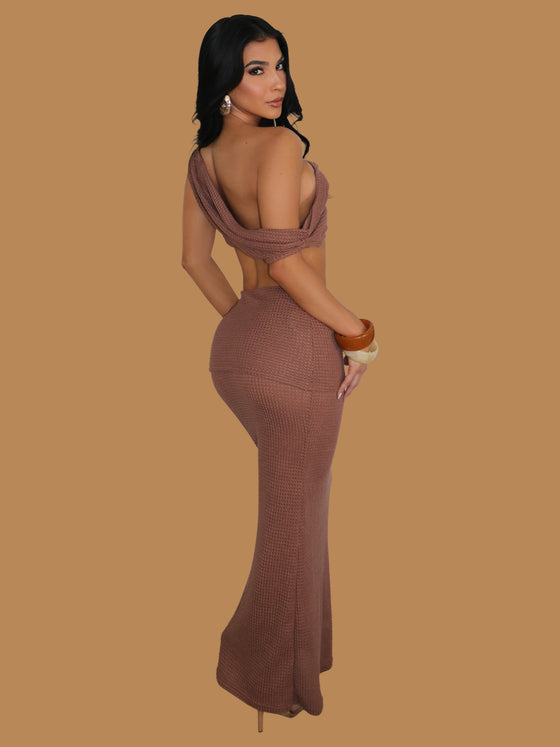 ASYMMETRICAL CROCHET MAXI SKIRT SET BROWN