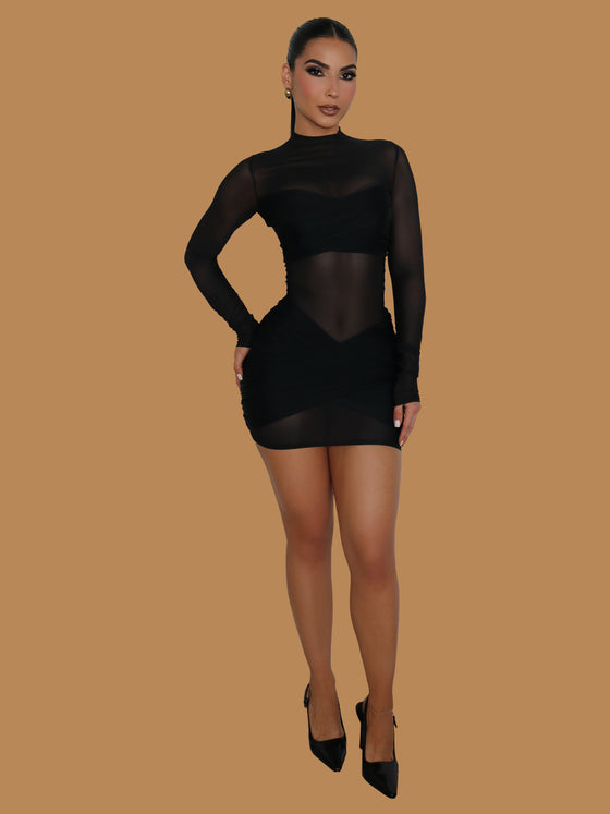 SHEER MESH LONG SLEEVE MINI DRESS