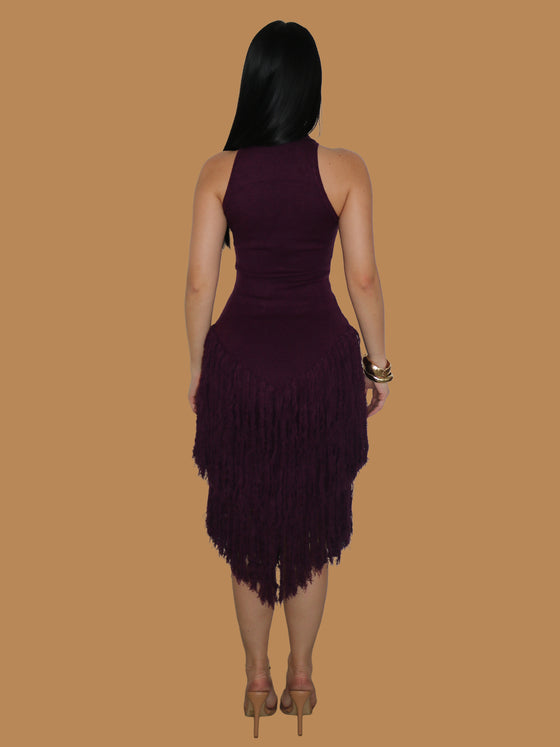 PLUM FRINGE KNIT MIDI DRESS