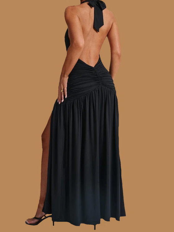 SCULPTING DEEP V NECK RUCHED MAXI DRESS