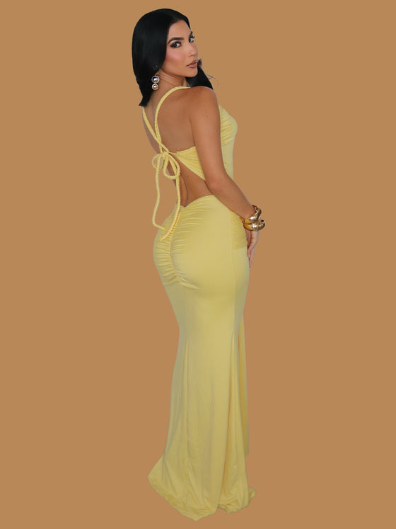 BRAIDED STRAP PLUNGE MAXI DRESS YELLOW