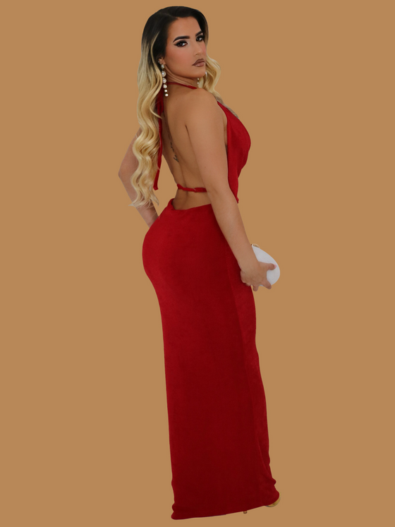 RED DRAPE MAXI DRESS