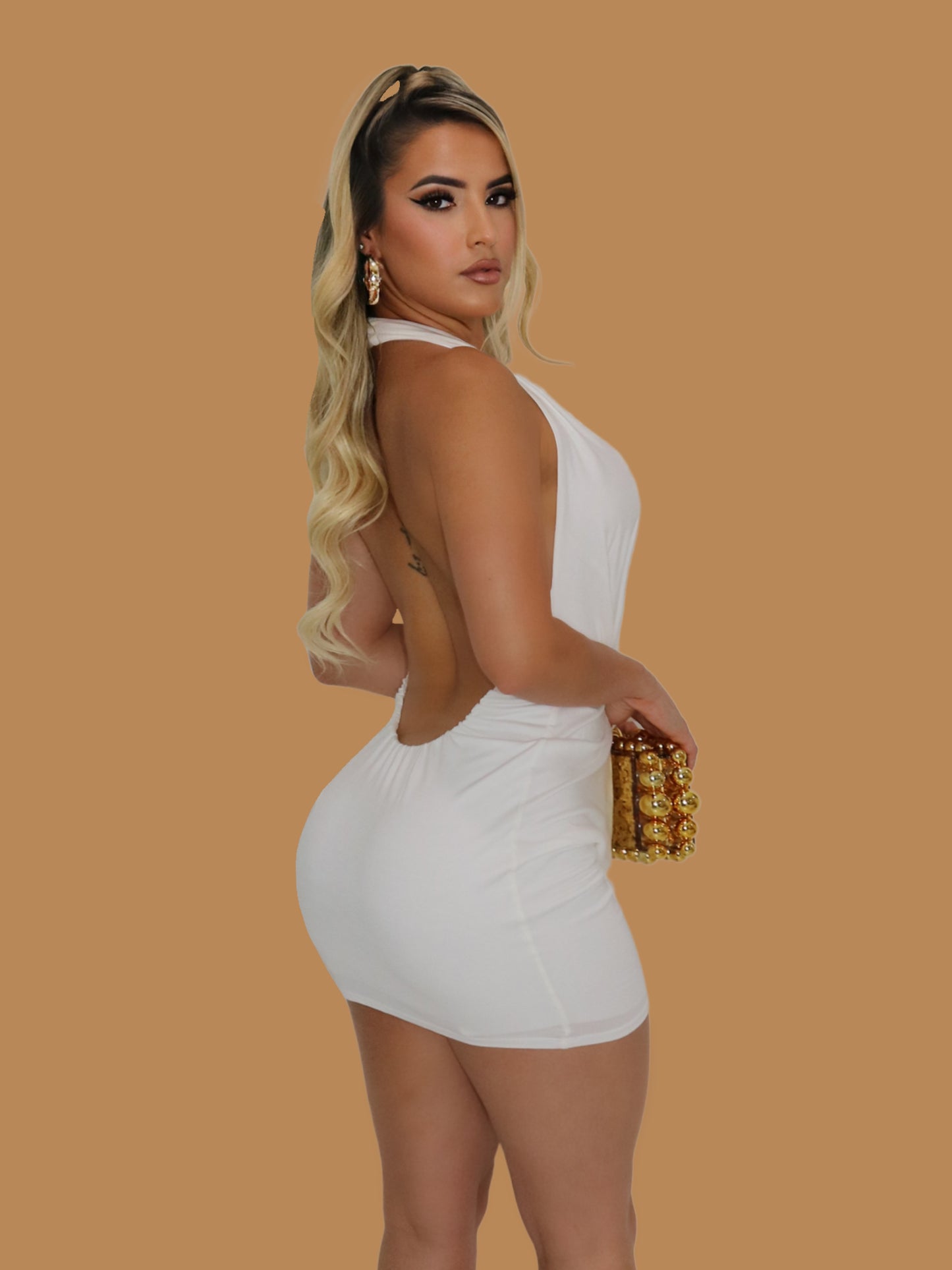 draped open-back mini dress in white Draped Open-Back Mini Dress in White