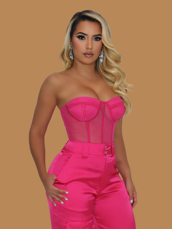 MESH DETAIL CORSET TOP HOT PINK