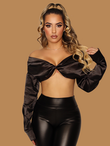  OFF THE SHOULDER SATIN TOP BLACK