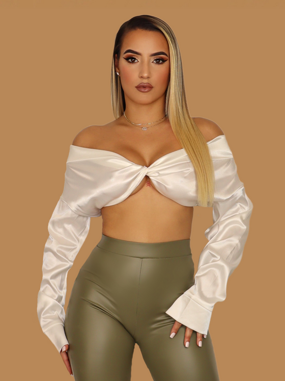 OFF THE SHOULDER SATIN TOP WHITE