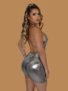  METALLIC OPEN BACK MINI DRESS